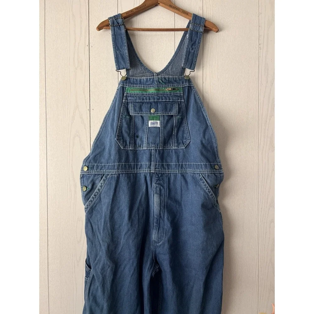 Liberty Bib Overalls Mens 42x32 Denim Blue Button Fly Carpenter Hammer Loop